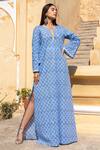 Inara Jaipur Blue Cotton Printed Block Round Notched Hand Kaftan Online at Aza Fashions Inara Jaipur_Blue Cotton Printed Block Round Notched Hand Kaftan_Online_at_Aza_Fashions