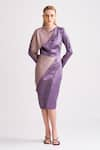 Buy_Notebook_Purple Satin Plain V Neck Gigi Colourblock Overlap Dress _at_Aza_Fashions