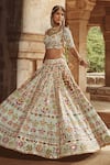 Mayyur Girotra Couture_Green Linen Embroidered Zari Leaf Neck Bahaar Bridal Lehenga Set _Online_at_Aza_Fashions