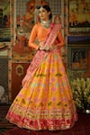 Buy_Mayyur Girotra Couture_Yellow Printed Gota V Neck Darbar Silk Patola Bridal Lehenga Set  _at_Aza_Fashions