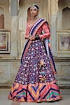 Shop_Mayyur Girotra Couture_Blue Silk Printed Geometric Leaf Neck Shirin Lehenga Set  _at_Aza_Fashions