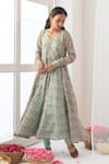 Buy_Negra Elegante_Green Cotton Silk Digital Print, Mirror Work V Neck Peony Anarkali And Pant Set _at_Aza_Fashions