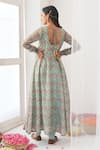 Shop_Negra Elegante_Green Cotton Silk Digital Print, Mirror Work V Neck Peony Anarkali And Pant Set _at_Aza_Fashions