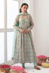 Negra Elegante_Green Cotton Silk Digital Print, Mirror Work V Neck Peony Anarkali And Pant Set _Online_at_Aza_Fashions