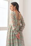Negra Elegante_Green Cotton Silk Digital Print, Mirror Work V Neck Peony Anarkali And Pant Set _at_Aza_Fashions