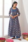 Negra Elegante_Blue Silk, Modal Digital Print, Mirror Peony Anarkali And Pant Set _Online_at_Aza_Fashions