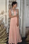Archana Kochhar_Pink Jacket Raw Silk And Georgette Jumpsuit Viscose Floral Motifs V With Ruffle _Online_at_Aza_Fashions