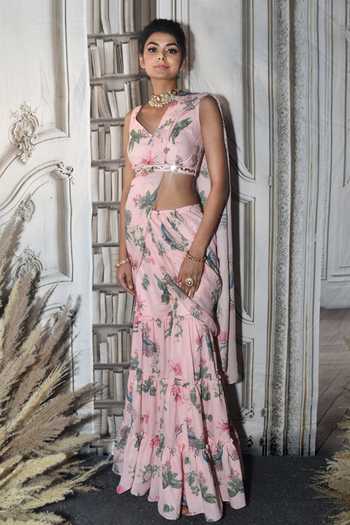 Buy_Archana Kochhar_Pink Georgette Floral Motifs V Neck Paradise Pre-draped Palazzo Saree _at_Aza_Fashions
