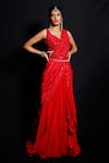 Buy_Archana Kochhar_Red Palla Silk (vegan And Eco Friendly) Blouse Shimmering Rouge Pre-drape Set _at_Aza_Fashions