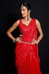 Buy_Archana Kochhar_Red Palla Silk (vegan And Eco Friendly) Blouse Shimmering Rouge Pre-drape Set _Online_at_Aza_Fashions