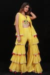 Archana Kochhar_Yellow Chanderi (vegan And Eco Friendly) Palazzo Set With Ruffle Jacket _Online_at_Aza_Fashions