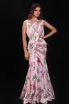 Buy_Archana Kochhar_Pink Georgette Floral Motifs V Neck Paradise Printed Palazzo Saree With Blouse _at_Aza_Fashions