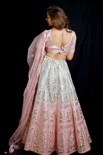 Shop_Archana Kochhar_Blue Lehenga And Blouse Raw Silk Dupatta Net Leather Appliques V Ombre Set _at_Aza_Fashions