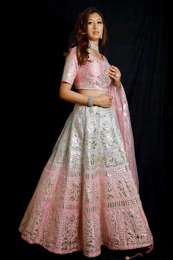 Archana Kochhar_Blue Lehenga And Blouse Raw Silk Dupatta Net Leather Appliques V Ombre Set _Online_at_Aza_Fashions