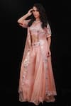 Archana Kochhar_Peach Organza Embroidered Floral Motifs V Neck Jacket And Palazzo Set _Online_at_Aza_Fashions