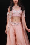 Buy_Archana Kochhar_Peach Organza Embroidered Floral Motifs V Neck Jacket And Palazzo Set _Online_at_Aza_Fashions