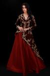 Buy_Archana Kochhar_Maroon Lehenga Raw Silk Jacket Velvet Kasab Thread And Sequins V Neck & Set _at_Aza_Fashions