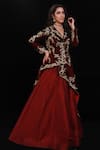 Archana Kochhar_Maroon Lehenga Raw Silk Jacket Velvet Kasab Thread And Sequins V Neck & Set _Online_at_Aza_Fashions