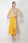 Buy_Jajaabor_Yellow Silk Chanderi Embroidery Thread V Neck Draped Kurta And Pant Set _at_Aza_Fashions