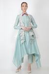 Buy_Jajaabor_Blue Organza And Chanderi Thread & Sequin Asymmetric Jacket & Kurta Set_at_Aza_Fashions