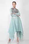 Jajaabor_Blue Silk Chanderi Cutwork Embroidered Gilet And Kurta Set_Online_at_Aza_Fashions