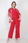 Buy_Jajaabor_Pink Chanderi And Organza Collared Neck Jacket With Jumpsuit_at_Aza_Fashions