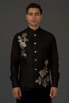 Buy_Rohit Bal_Black Linen Embroidered Floral Bundi  _at_Aza_Fashions