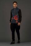 Buy_Rohit Bal_Black Linen Printed Floral Bundi  _at_Aza_Fashions