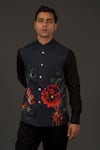 Rohit Bal_Black Linen Printed Floral Bundi  _Online_at_Aza_Fashions