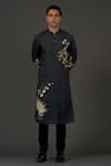 Buy_Rohit Bal_Black Linen Printed Floral Kurta Set  _at_Aza_Fashions