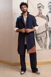 Buy_Jatin Malik_Blue Cotton Linen Plain Colorblock Overcoat And Pant Set _at_Aza_Fashions