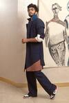 Jatin Malik_Blue Cotton Linen Plain Colorblock Overcoat And Pant Set _Online_at_Aza_Fashions