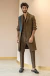 Buy_Jatin Malik_Brown Cotton Linen Plain Overcoat And Pant Set _at_Aza_Fashions