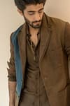 Jatin Malik_Brown Cotton Linen Plain Overcoat And Pant Set _at_Aza_Fashions