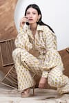 Buy_Kalakaari By Sagarika_Yellow Cotton Floral Hand Blocks Collared Neck Print Shirt And Pant Set _Online_at_Aza_Fashions