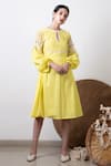 Buy_Kalakaari By Sagarika_Yellow Cotton Plain Round Puff Sleeve Dress _at_Aza_Fashions