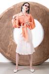 Buy_Kalakaari By Sagarika_White Cotton Stripes Collared Neck Shirt With Asymmetric Skirt _at_Aza_Fashions