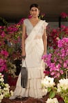 Buy_Jade by Monica and Karishma_White Crepe And Tulle Embroidery Thread Paloma Ruffle Saree With Blouse  _at_Aza_Fashions