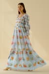 Buy_Pozruh by Aiman_Blue Hemp Printed Floral Square Neck Tiered Maxi Dress  _Online_at_Aza_Fashions