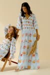 Buy_Pozruh by Aiman_Blue Hemp Printed Floral V Neck Tiered Maxi Dress  _Online_at_Aza_Fashions