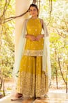Buy_Basanti - Kapde Aur Koffee_Yellow Georgette Embroidered Sequins High Neck Work Kurta Sharara Set For Women_at_Aza_Fashions