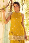 Basanti - Kapde Aur Koffee_Yellow Georgette Embroidered Sequins High Neck Work Kurta Sharara Set For Women_Online_at_Aza_Fashions