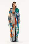 Buy_Rajdeep Ranawat_Multi Color Silk Geometric V Neck Imama Print Kaftan_at_Aza_Fashions