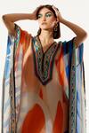 Rajdeep Ranawat_Multi Color Silk Geometric V Neck Elenor Printed Kaftan_at_Aza_Fashions