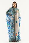 Shop_Rajdeep Ranawat_Blue Silk Geometric Band Collar Dakota Kaftan Tunic_Online_at_Aza_Fashions