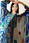 Rajdeep Ranawat_Blue Silk Geometric Band Collar Dakota Kaftan Tunic_at_Aza_Fashions