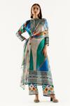 Shop_Rajdeep Ranawat_Multi Color , Satin, Kota Geometric Band Champa Print Tunic Pant Set_at_Aza_Fashions