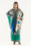 Buy_Rajdeep Ranawat_Multi Color Silk, Satin Geometric V Neck Dalilah Kaftan Tunic And Pant Set_at_Aza_Fashions