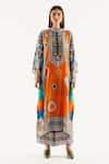 Rajdeep Ranawat_Orange Silk, Satin Geometric Band Collar Gayatri Tunic And Layered Pant Set _Online_at_Aza_Fashions