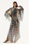 Buy_Rajdeep Ranawat_Grey Silk, Satin Geometric Band Collar Nylla Tunic And Flared Pant Set _at_Aza_Fashions